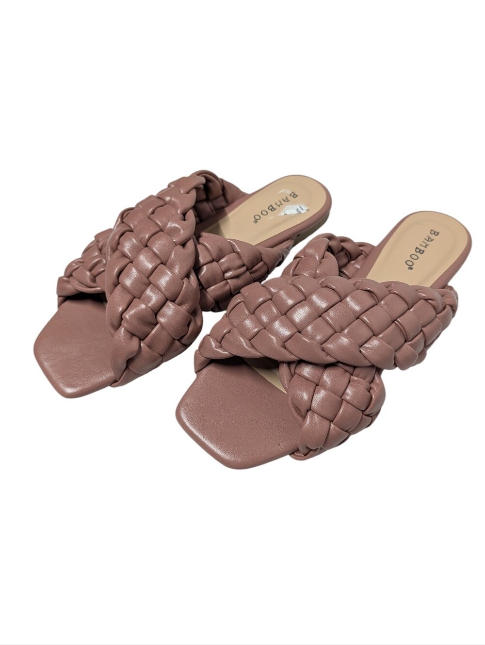 Bamboo Kick-61 Braided Woven Slide Sandals Mauve Taupe Faux Leather Square Toe 6